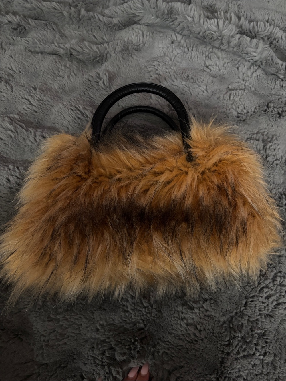 Faux Fur Tote Bag in Tan with Black Handles